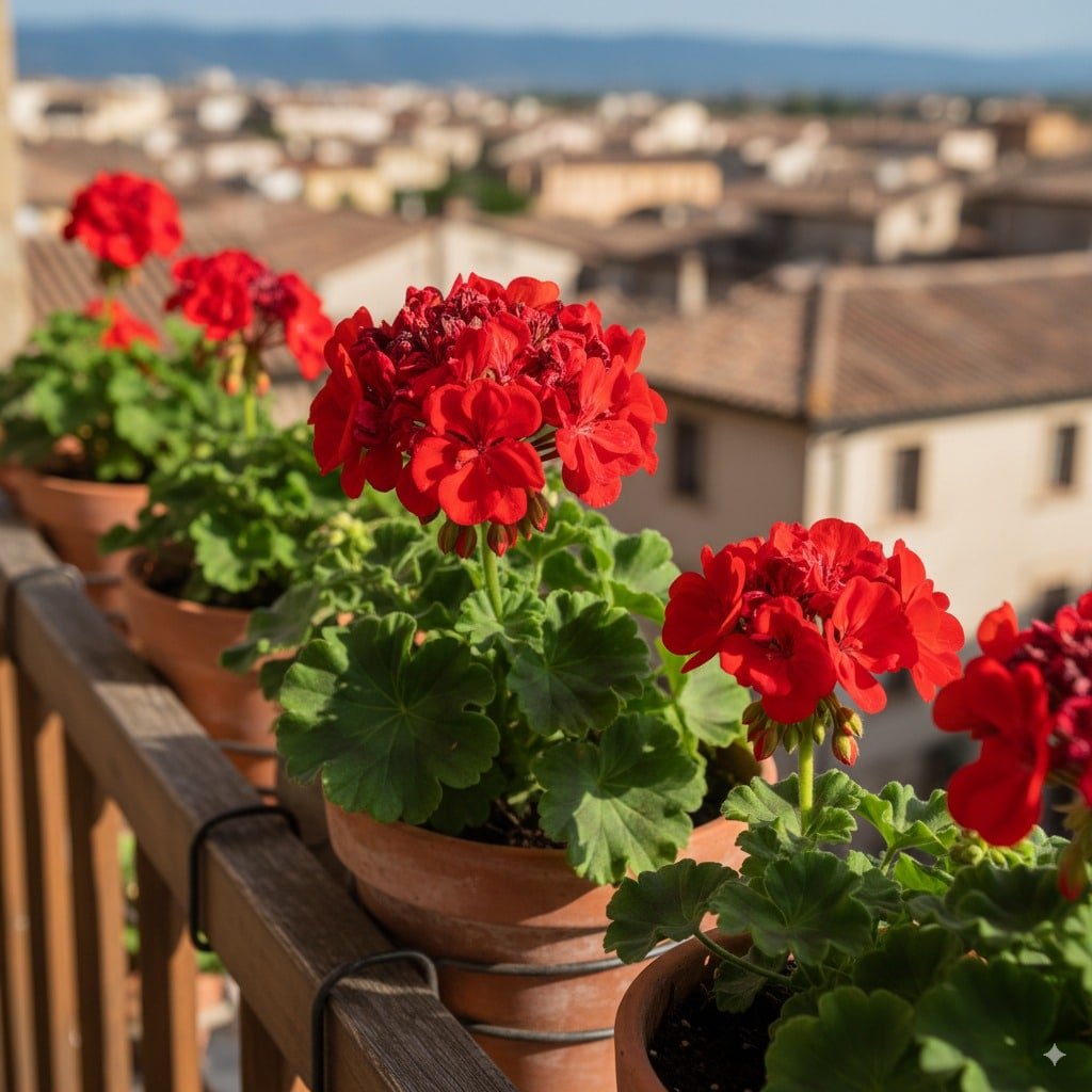 Geranio rosa in vaso terracotta con foglie verdi