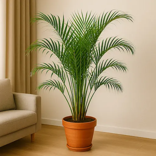 Palma Areca in cestino intrecciato, tra le piante grandi da interno