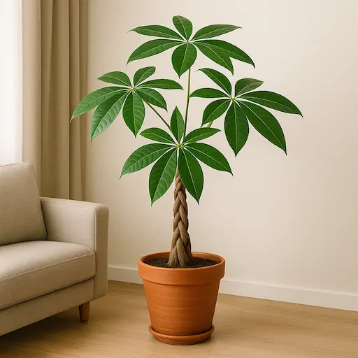 Pachira con tronco intrecciato, pianta da interno alta per stanze luminose