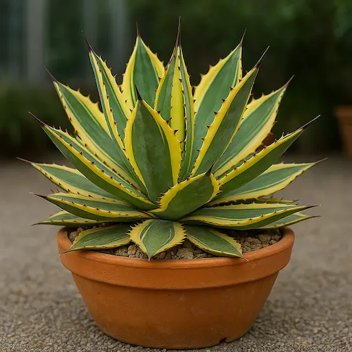 Pianta di agave americana variegata su ghiaia, pianta grassa agave per giardino soleggiato