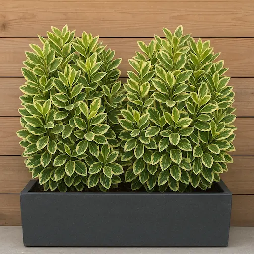 Due evonimi variegati ‘Bravo’ in fioriera larga, siepe in vaso luminosa