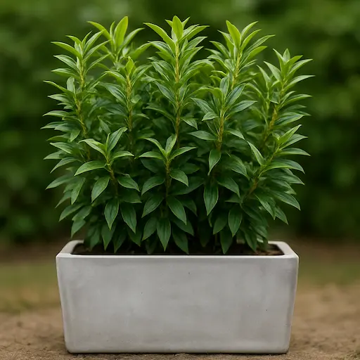 Tre osmanthus × burkwoodii con piccoli fiori bianchi in fioriera larga, siepe profumata in vaso