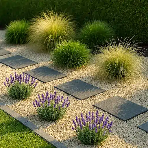 Aiuola moderna con ghiaia chiara e graminacee: un design pulito e di facile manutenzione, ideale per giardini contemporanei.