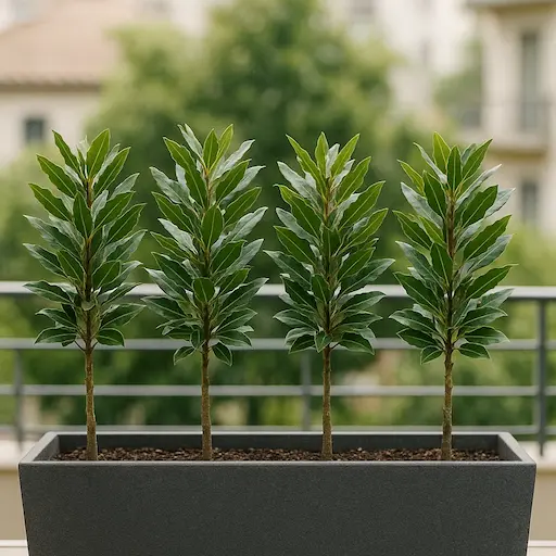 Quattro allori della stessa altezza in fioriera larga su balcone, siepe in vaso