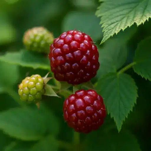 Boysenberry maturo di colore viola-nero, grosso e lucido, composto da drupeoli carnosi su pianta di Rubus.