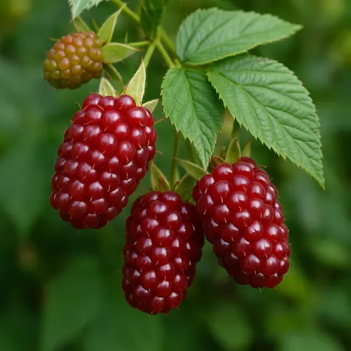 Racimo di loganberry rosso intenso e allungato, quasi maturo, attaccato al tralcio con foglie verdi.
