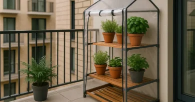 Mini serra per piante in plastica su balcone urbano: serretti da balcone economici per proteggere le piante in inverno.