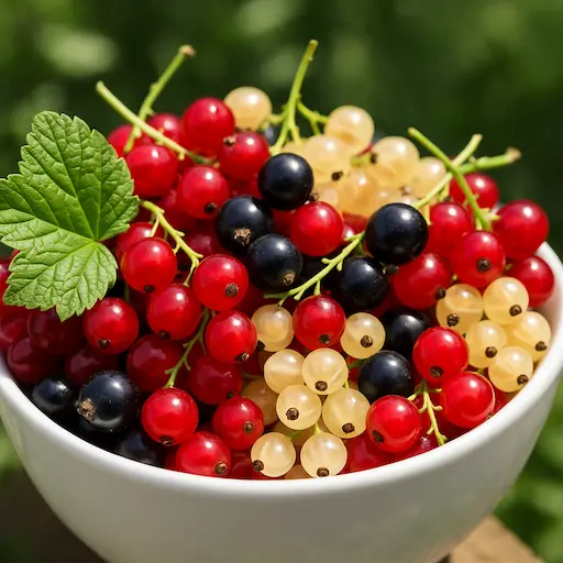 Ciotola con ribes bianco, ribes rosso e ribes nero appena raccolti dalla pianta di ribes, pronti per consumo fresco o conserve