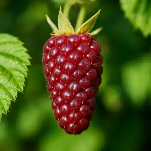 Primo piano di un frutto maturo di tayberry rosso porpora, allungato, su pianta di Rubus con foglie verdi.