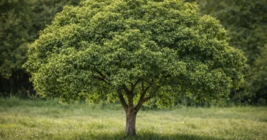 Albero di canfora adulto con chioma ampia e arrotondata, foglie verdi lucide e tronco robusto, ripreso in un prato erboso con vegetazione sfocata sullo sfondo.