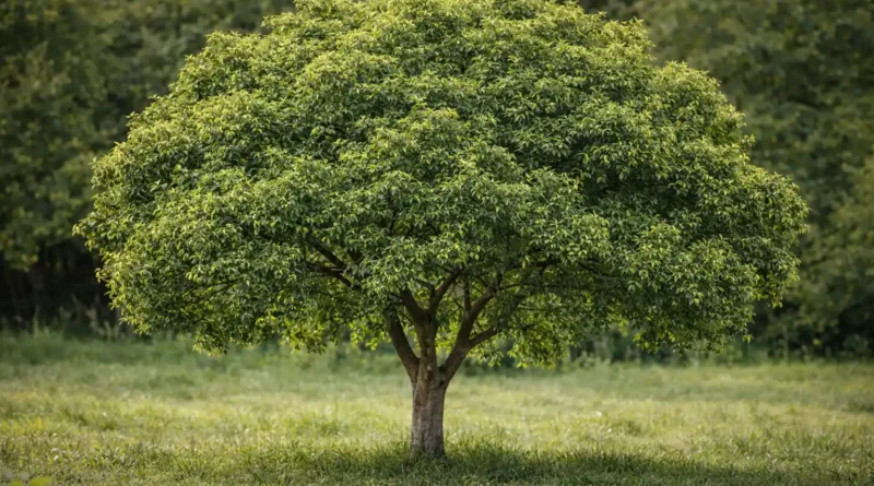 Albero di canfora adulto con chioma ampia e arrotondata, foglie verdi lucide e tronco robusto, ripreso in un prato erboso con vegetazione sfocata sullo sfondo.