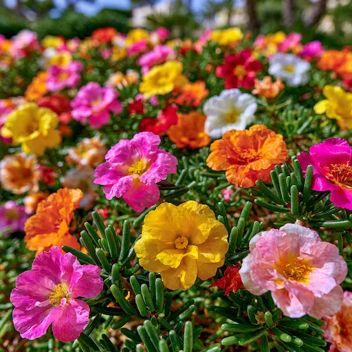 Fioritura della Portulaca grandiflora con fiori rosa gialli arancioni e rossi
