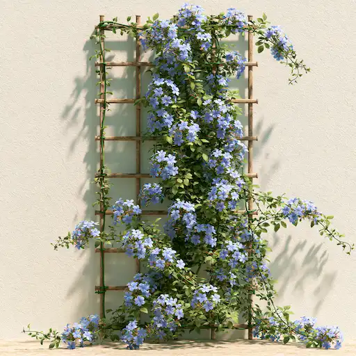Plumbago rampicante con rami guidati su un graticcio e fiori azzurri