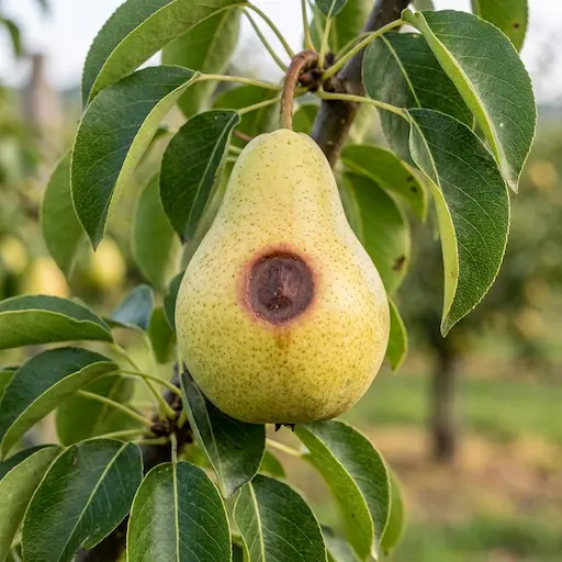 Pera Abate Fetel colpita da maculatura bruna con tipica macchia nera rotondeggiante depressa