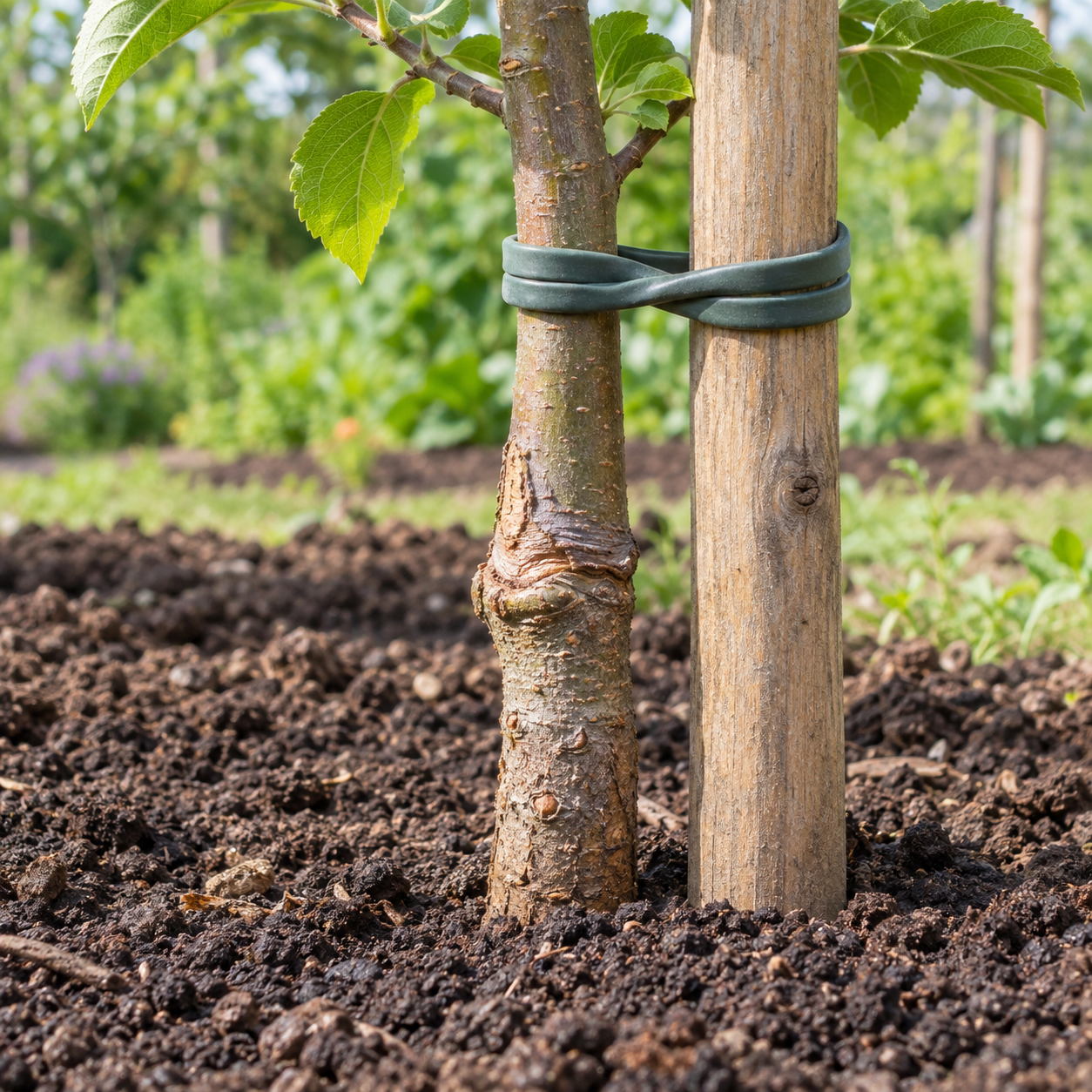 Punto di innesto dell'albero di melo sopra il terreno con palo tutore e legatura elastica