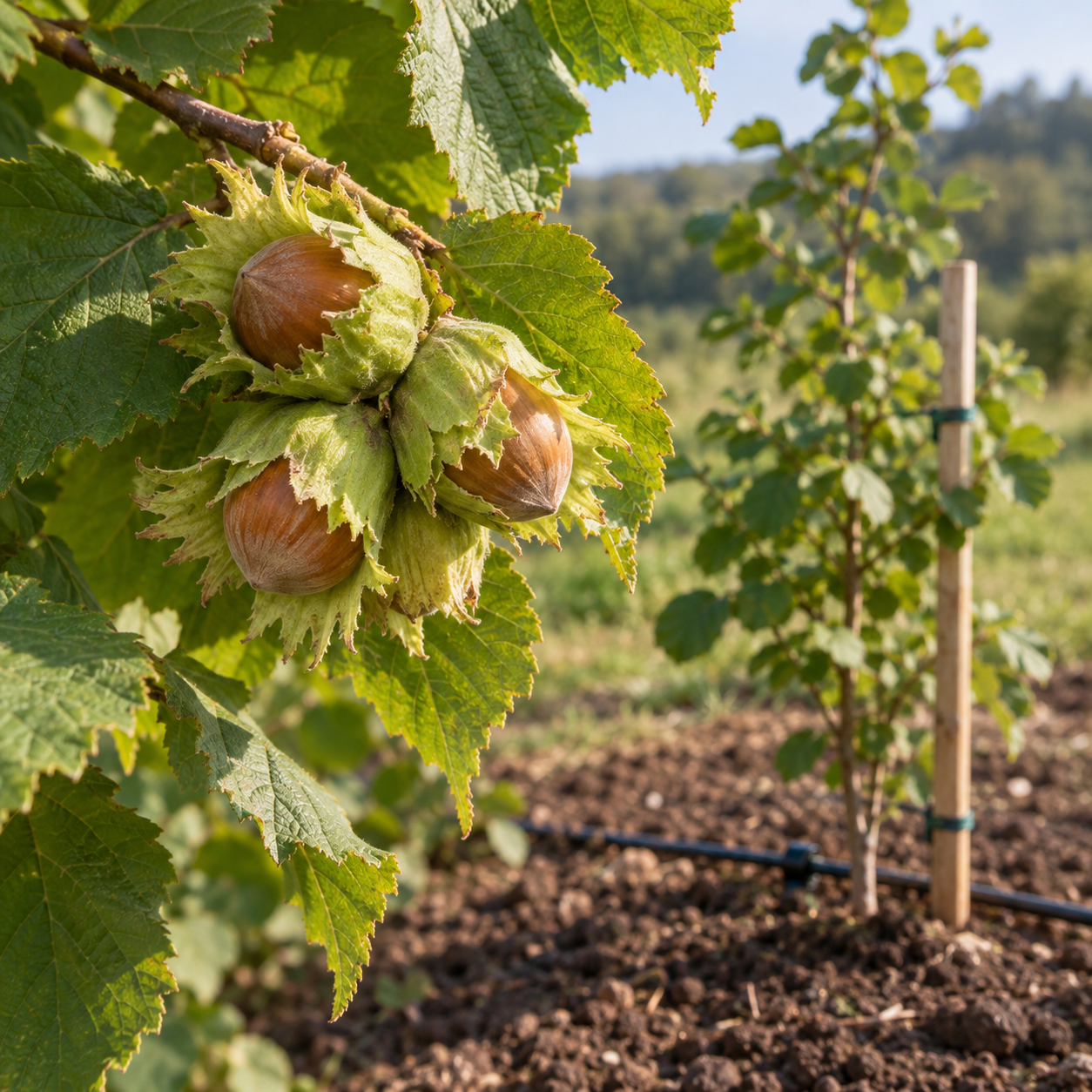 Nocciole mature sull’albero di nocciolo accanto a una giovane pianta irrigata a goccia