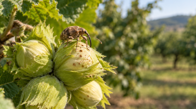 Balanino del nocciolo adulto su un gruppo di nocciole verdi