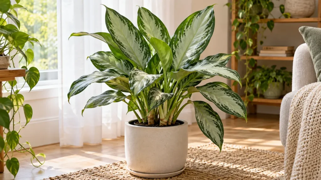 Aglaonema con foglie verdi e argentate in vaso vicino a una finestra