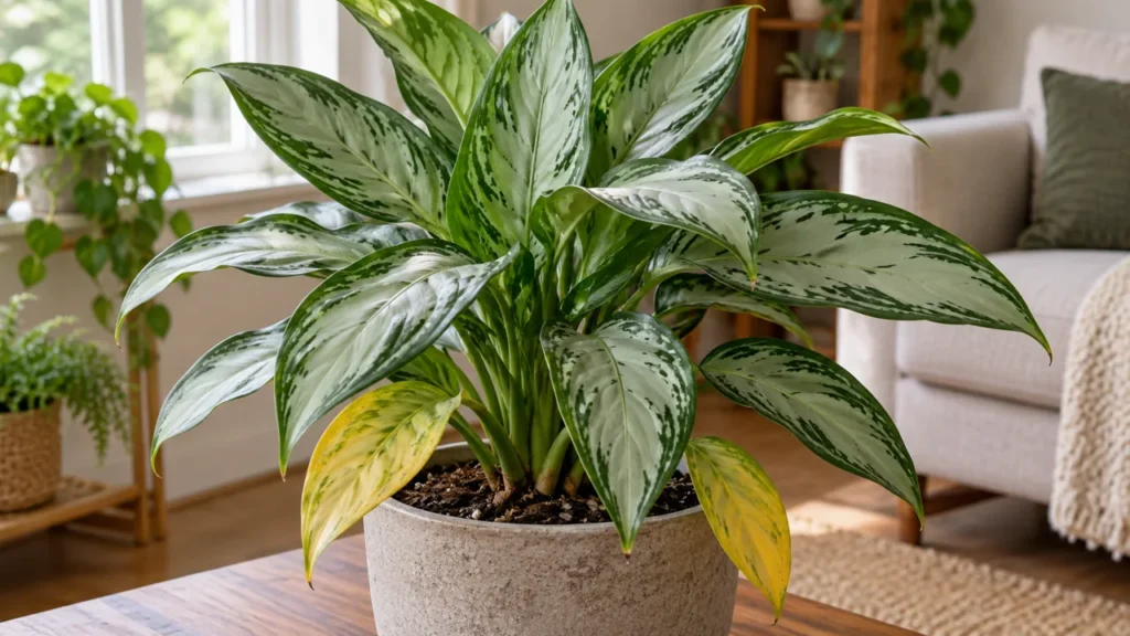 Aglaonema con due foglie basali gialle e fogliame verde argentato