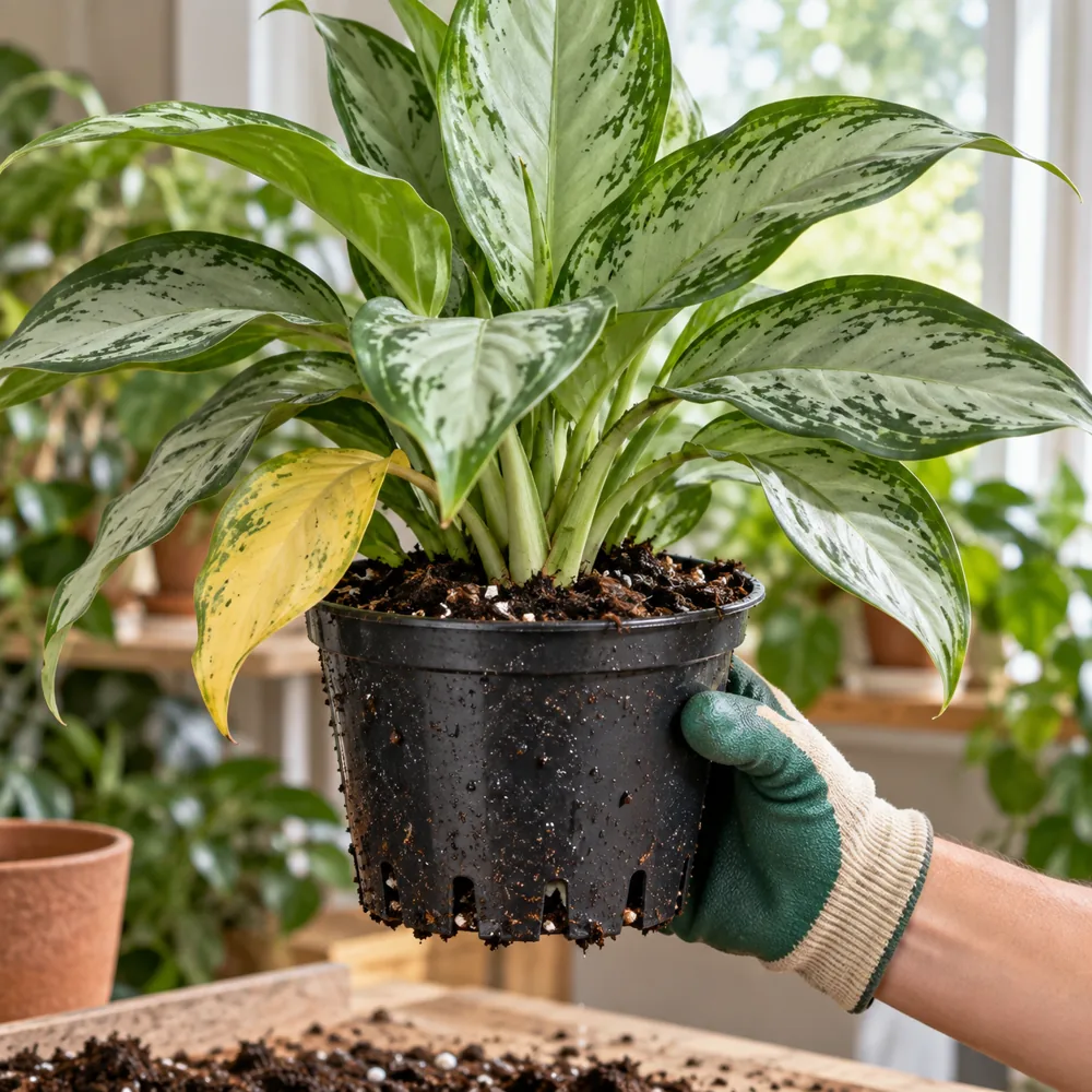 Aglaonema con una foglia basale gialla e vaso estratto dal coprivaso