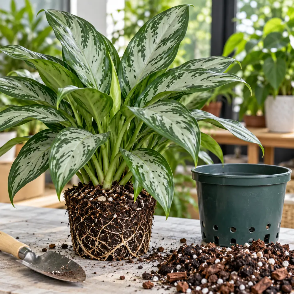 Aglaonema con foglie argentate e verdi accanto a un vaso con fori