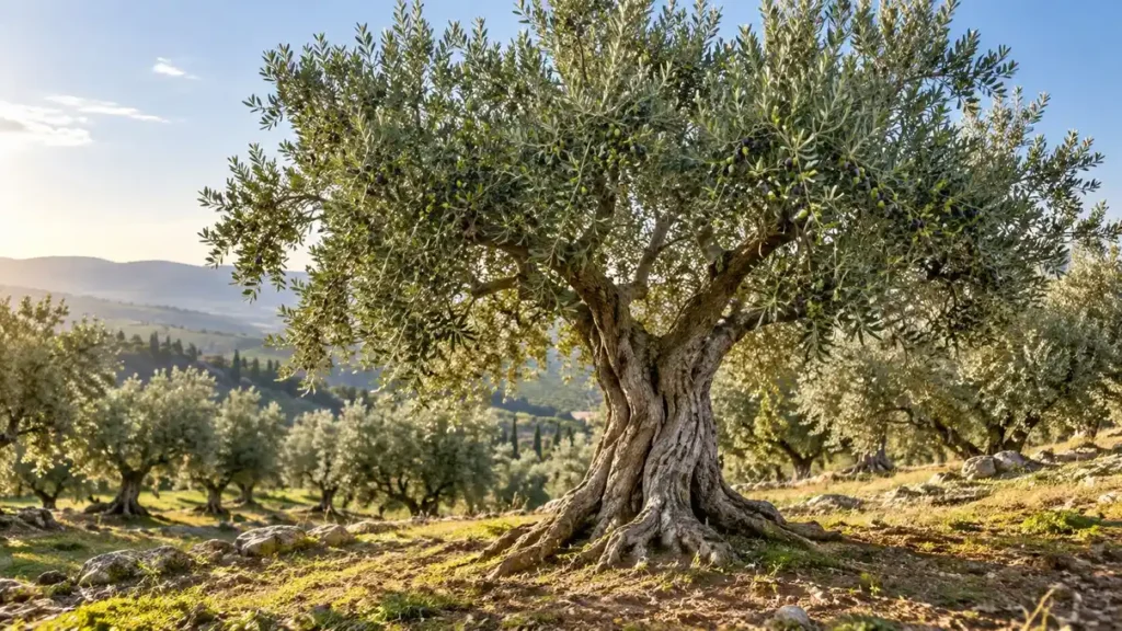 Albero di olivo maturo con olive in un oliveto italiano