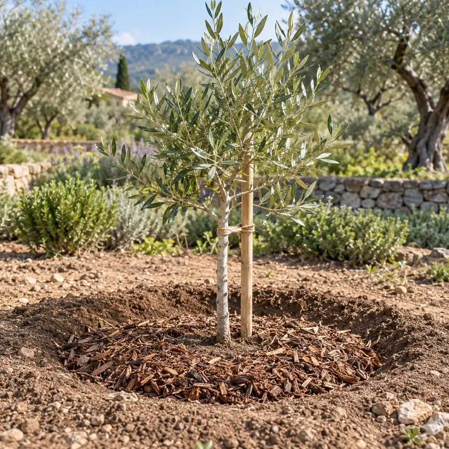 Giovane albero di olivo appena messo a dimora con tutore e pacciamatura