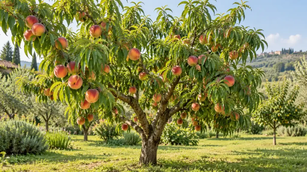 Albero di pesco adulto carico di pesche mature in un frutteto