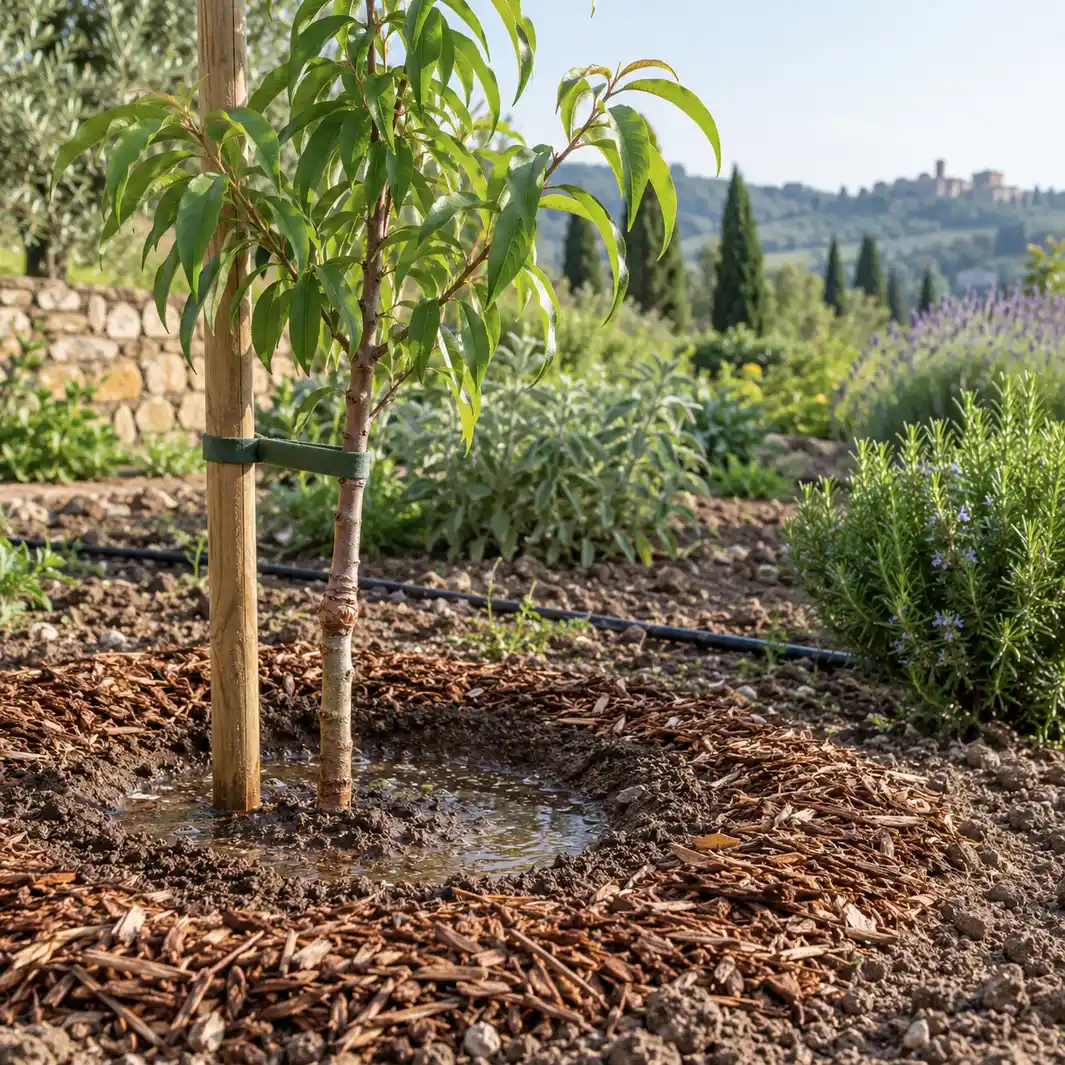 Giovane albero di pesco appena piantato con innesto fuori terra, tutore e pacciamatura