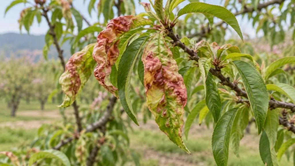 Foglie del pesco arricciate e con bolle rosse causate da Taphrina deformans