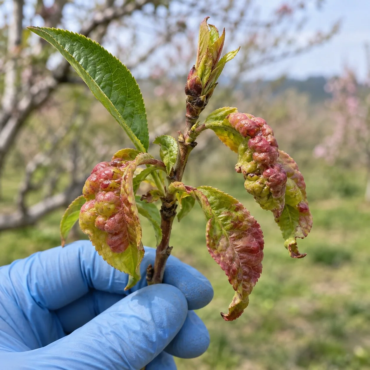 Bolla del pesco su germoglio con foglie gonfie, rosse e arricciate