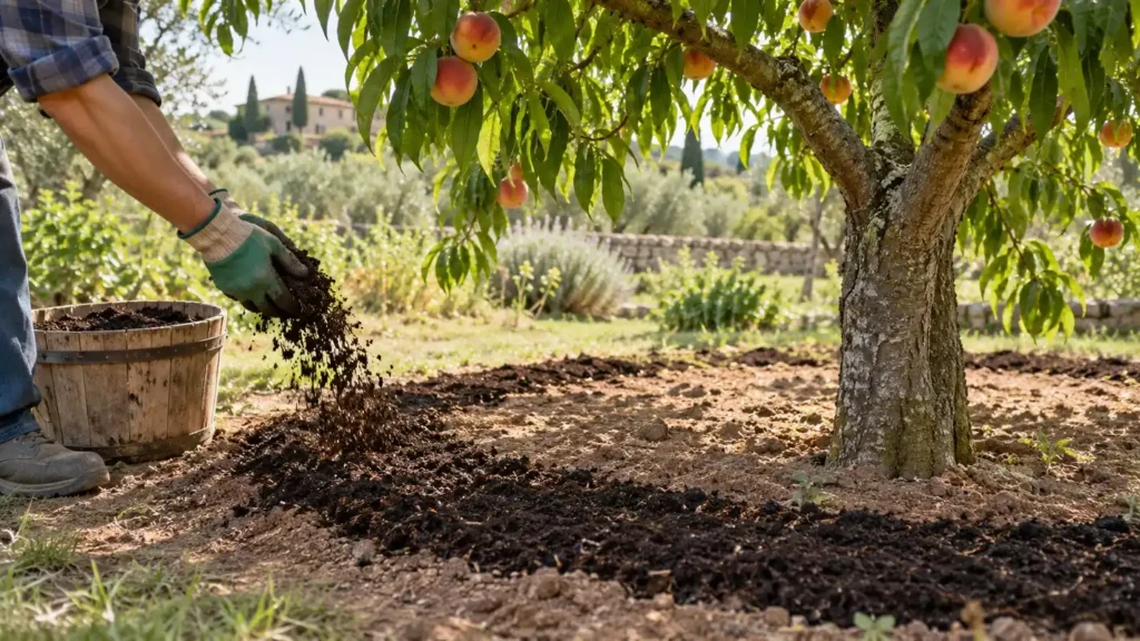 Concimazione del pesco con compost distribuito sotto la chioma