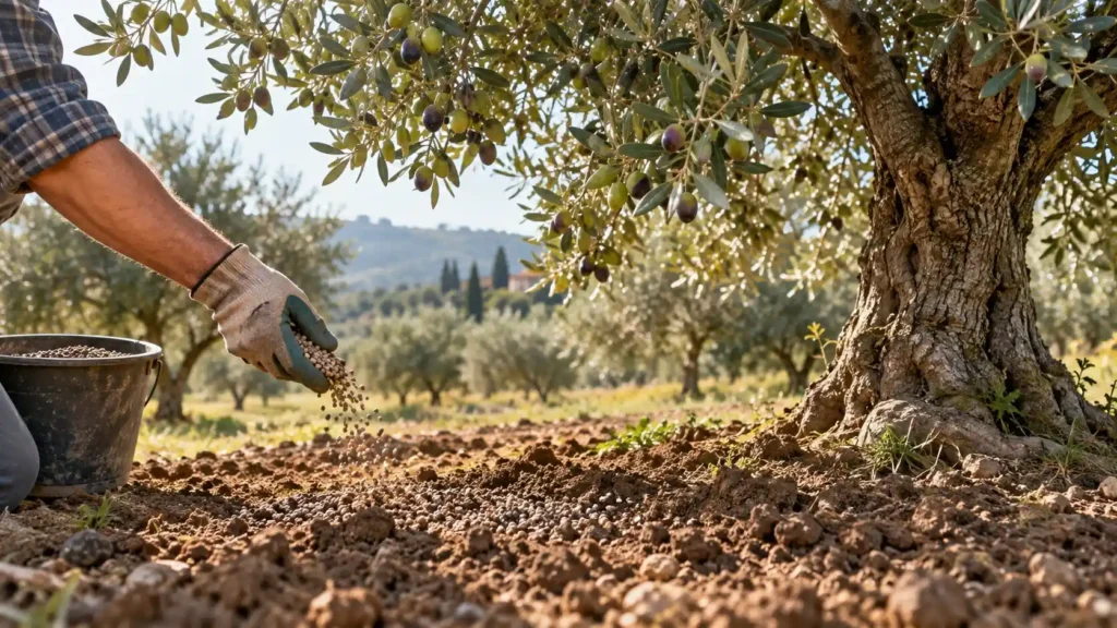Concimazione dell’olivo con fertilizzante granulare distribuito sotto la chioma