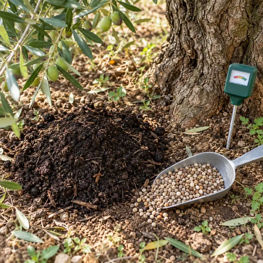 Compost, concime granulare e controllo del terreno per la concimazione dell’olivo