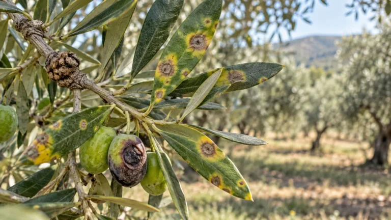 Malattie dell’olivo con occhio di pavone sulle foglie, rogna sul ramo e lebbra sulle olive
