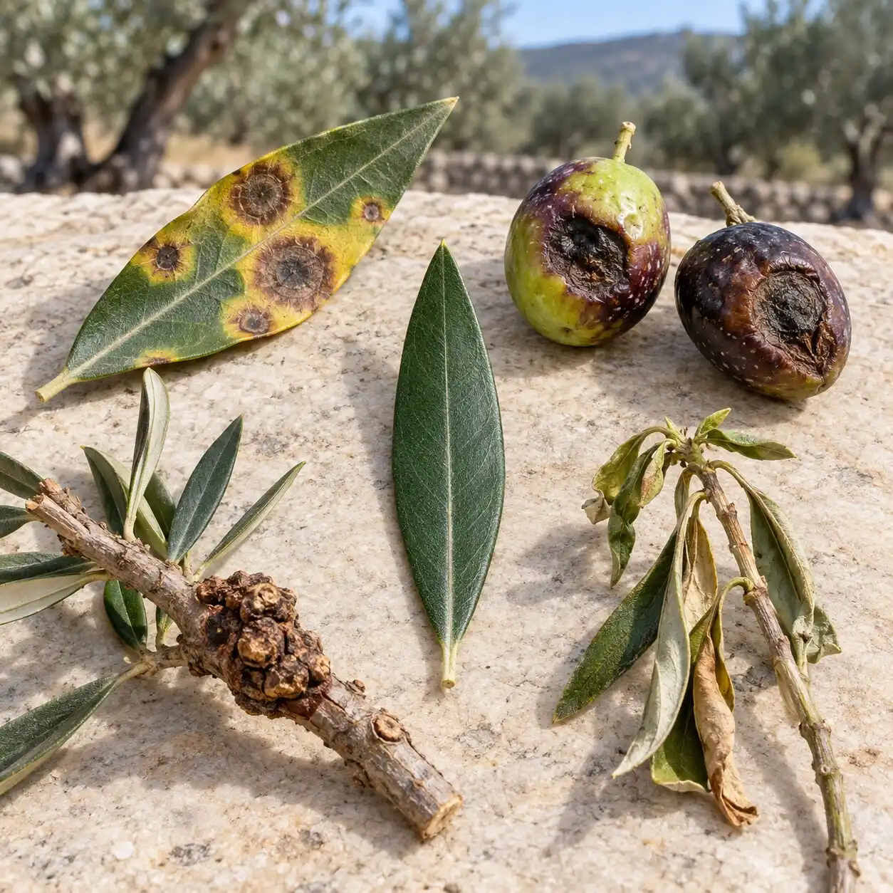 Confronto tra foglia sana e malattie dell’olivo su foglie, olive, ramo e germoglio