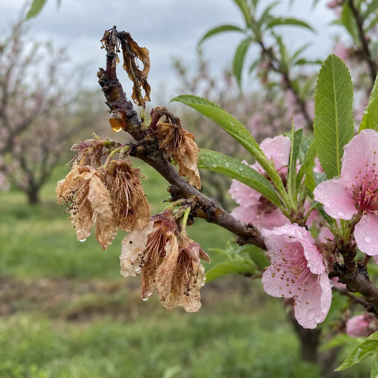 Monilia del pesco su fiori appassiti e giovane ramo con gomma