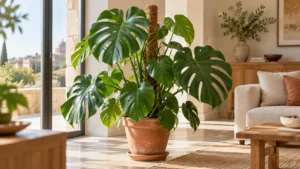 Monstera deliciosa sana in salotto con grandi foglie fenestrate e tutore in fibra di cocco