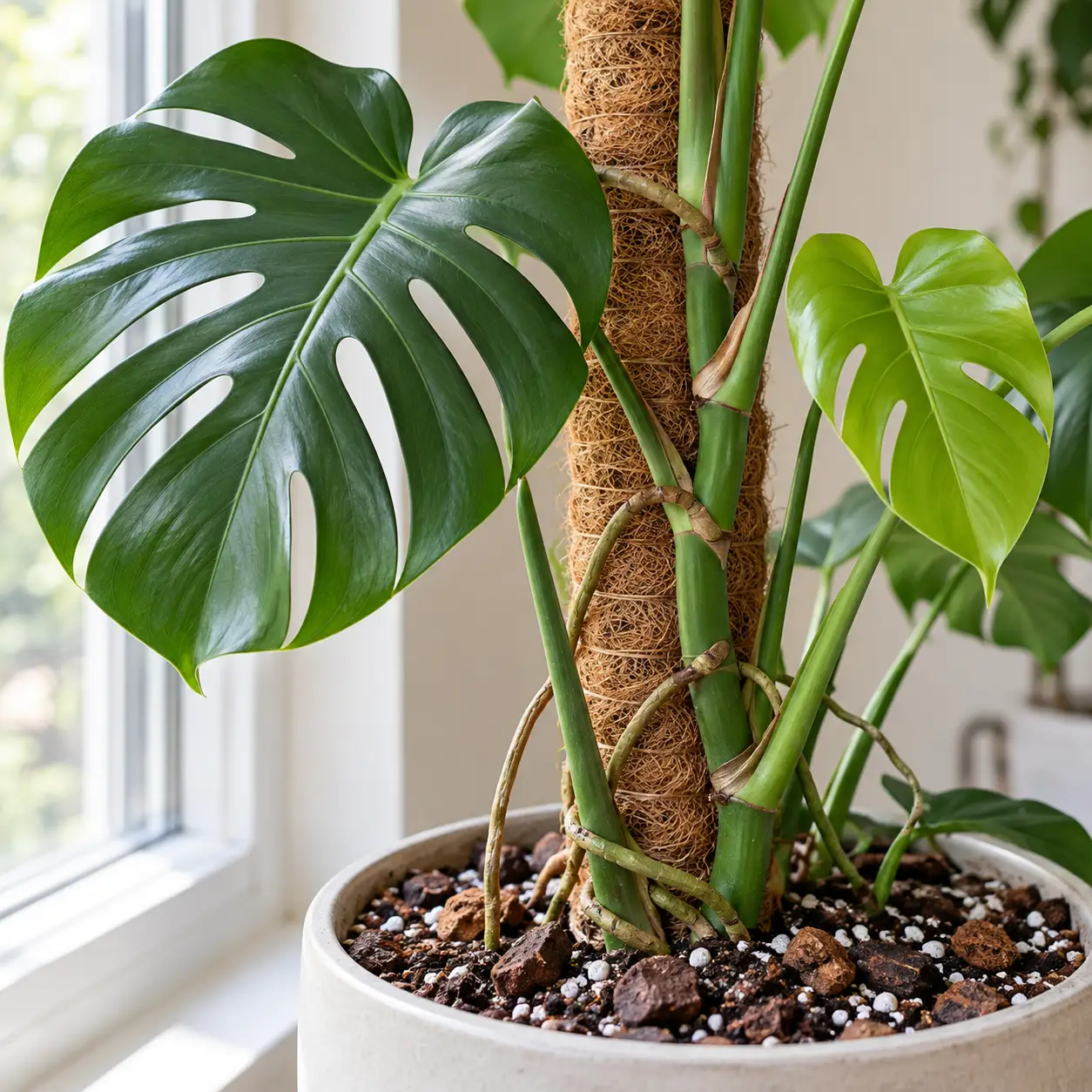 Monstera deliciosa fissata a un tutore in fibra di cocco con radici aeree e substrato drenante