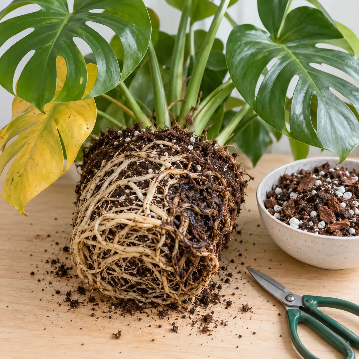 Monstera foglie gialle con radici sane e una piccola zona scura da eliminare