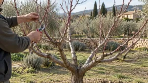 Potatura invernale di un albero di pesco allevato a vaso