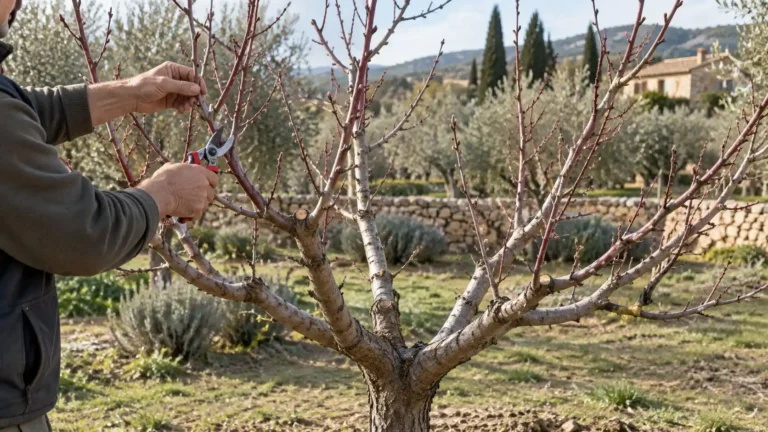 Potatura invernale di un albero di pesco allevato a vaso