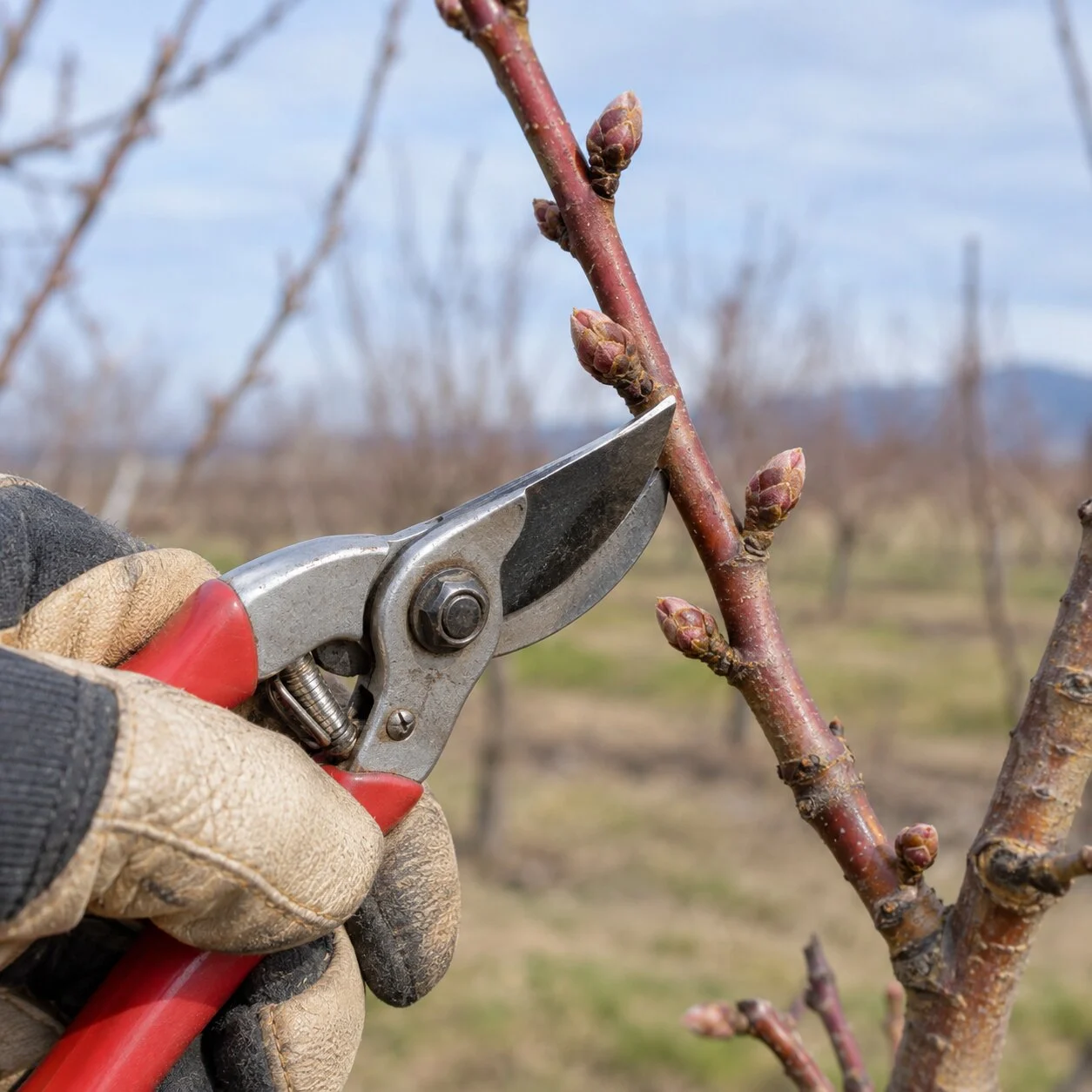 Forbice bypass vicino a un ramo misto del pesco con gemme a fiore
