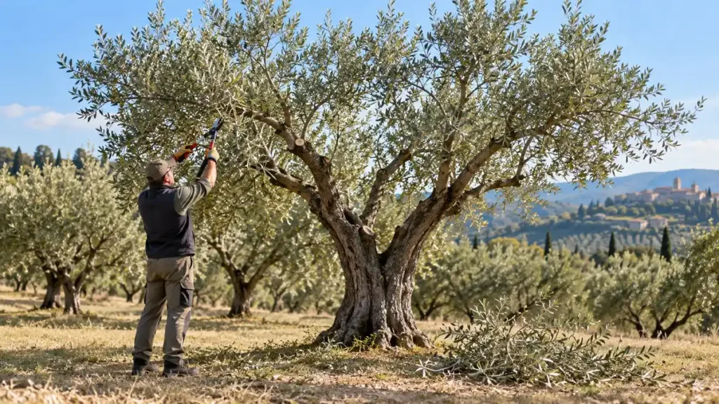 Potatura dell’olivo eseguita con forbici su un albero maturo