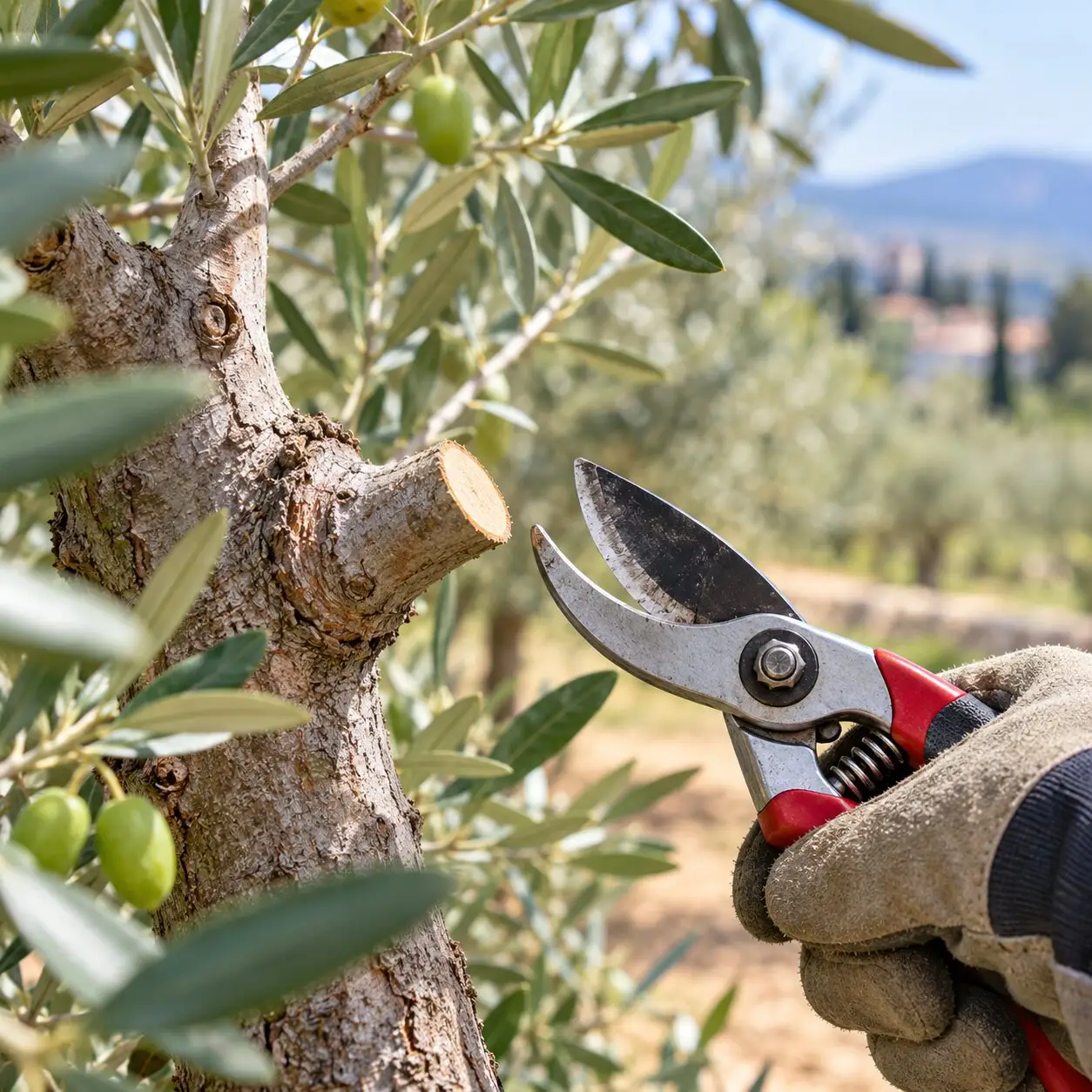 Taglio corretto durante la potatura dell'olivo con forbici bypass