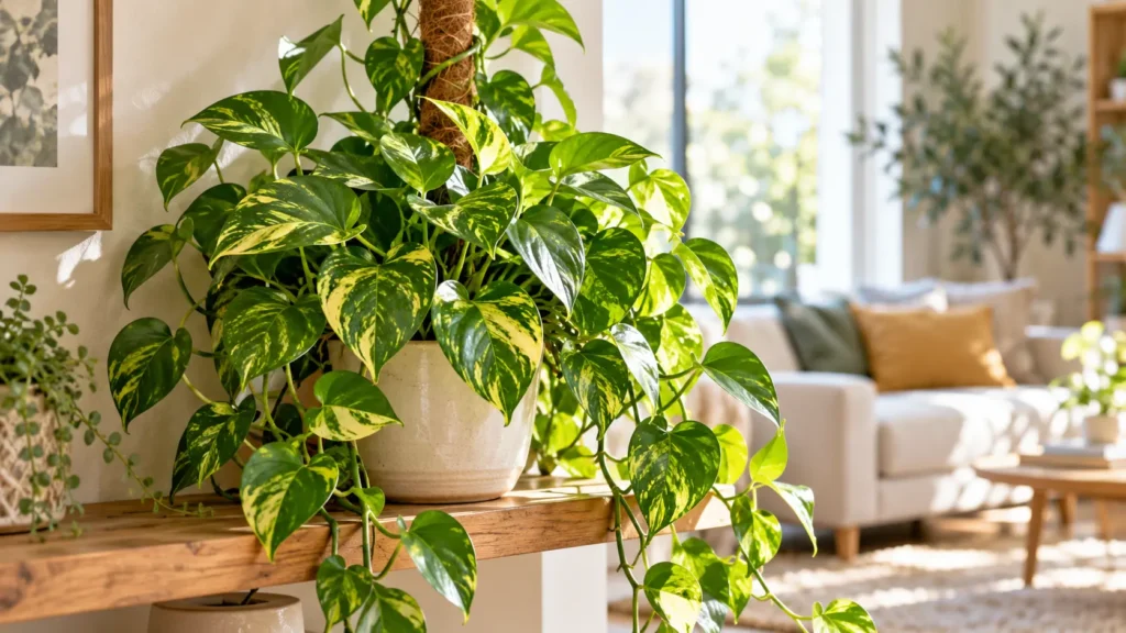Pothos rigoglioso con foglie verdi e gialle coltivato in casa
