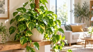 Pothos rigoglioso con foglie verdi e gialle coltivato in casa
