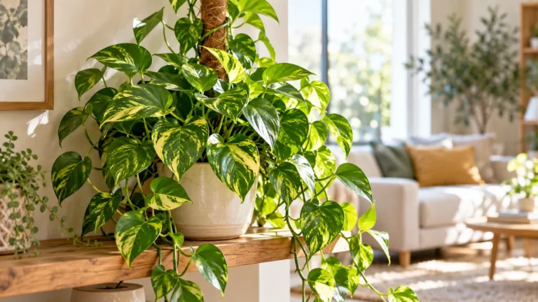 Pothos rigoglioso con foglie verdi e gialle coltivato in casa