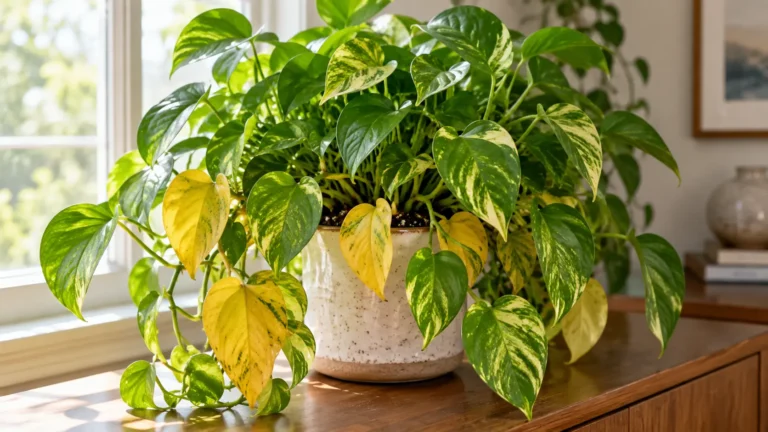 Pothos con diverse foglie gialle tra il fogliame verde in un ambiente domestico luminoso