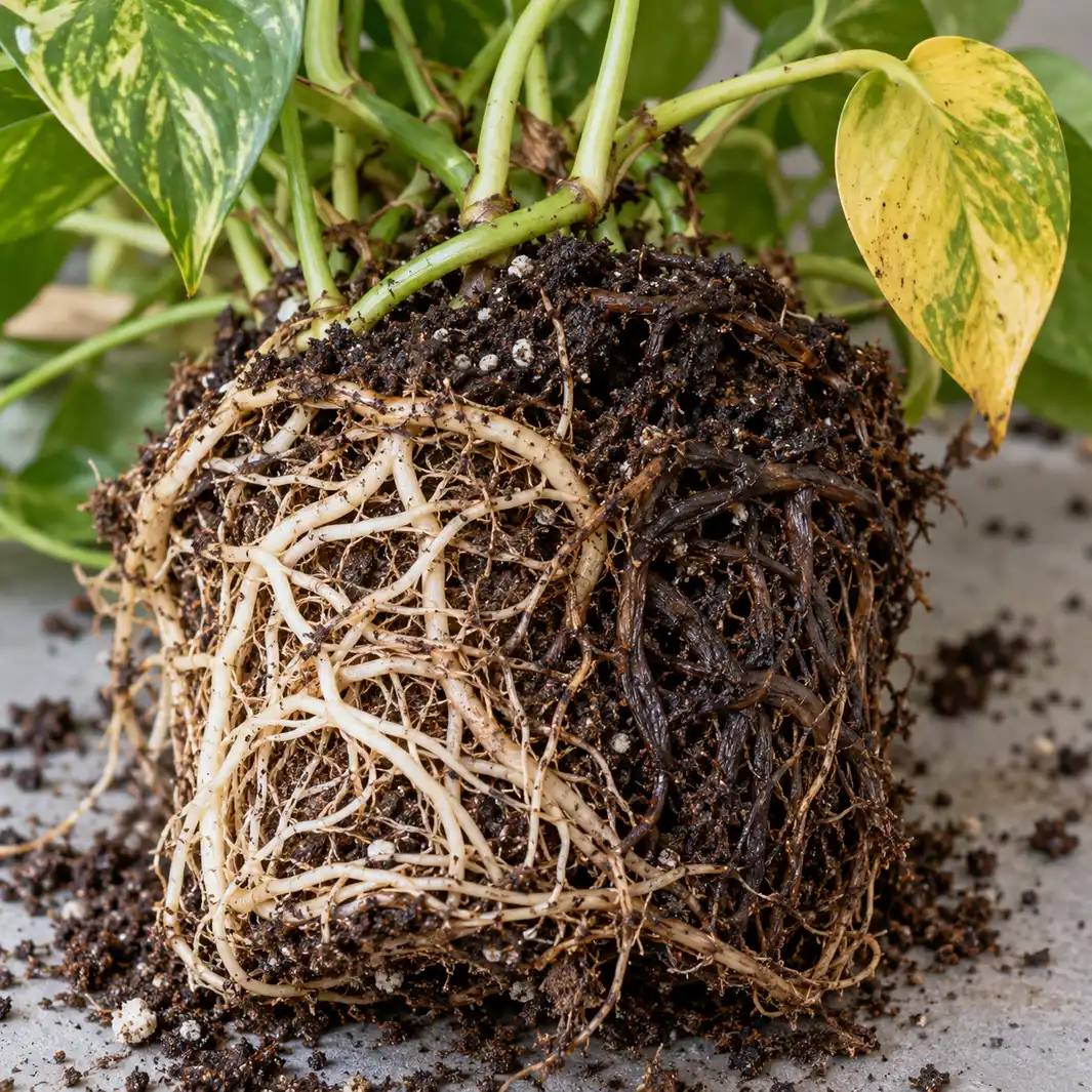 Pothos con foglie gialle e confronto tra radici sane chiare e radici marce scure